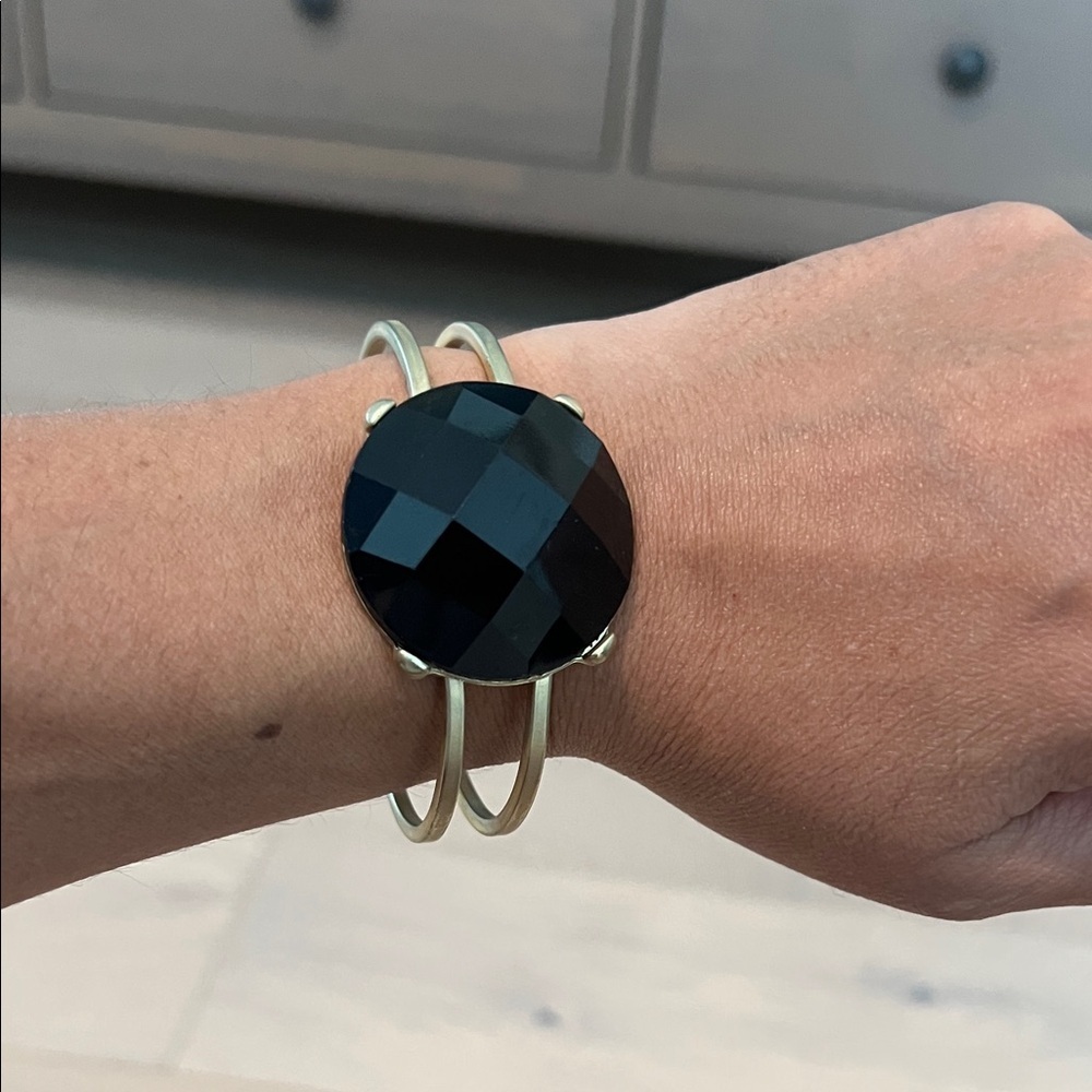 Black Faceted Stone Double-Band Cuff Bracelet - Women Jewelry